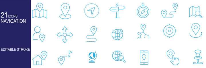 Outline location icon set featuring map pins, navigation, GPS tracking, destinations, global geography symbols, editable stroke, minimal modern line design.  © Hikestudio3