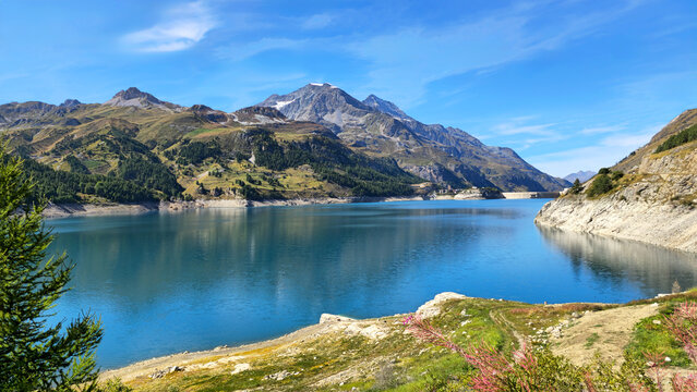 Lake Lac du Chevril in the mountain landscape, French Alps, Tignes, Savoie, France, Europe.
