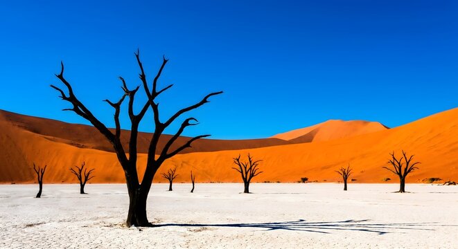 Black Skeleton Trees Against Orange Desert Dunes