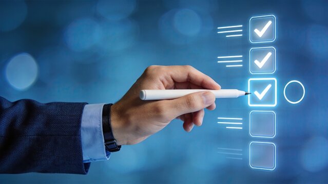 Hand holding stylus checking boxes on a glowing digital checklist, symbolizing task completion, success and project management