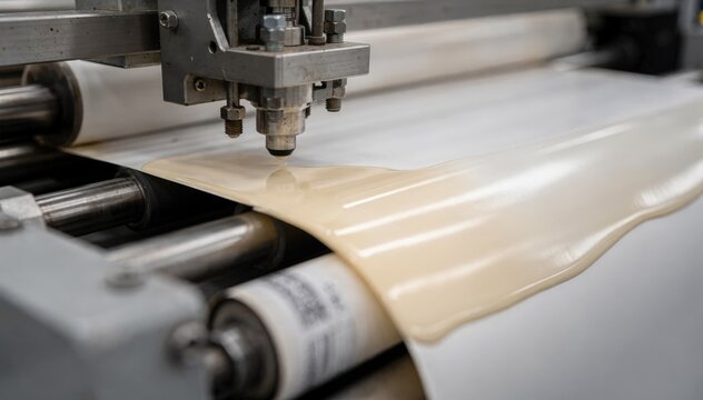 Closeup of thermal paper coating machine applying heatsensitive layer on receipt paper highlighting precise layering and smooth finish during production.