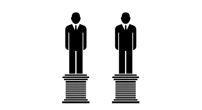 Black and white of two business people standing on stacked blocks suit