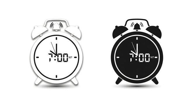 Black and white of two alarm clocks with smiling faces, one awake and one sleeping time smile