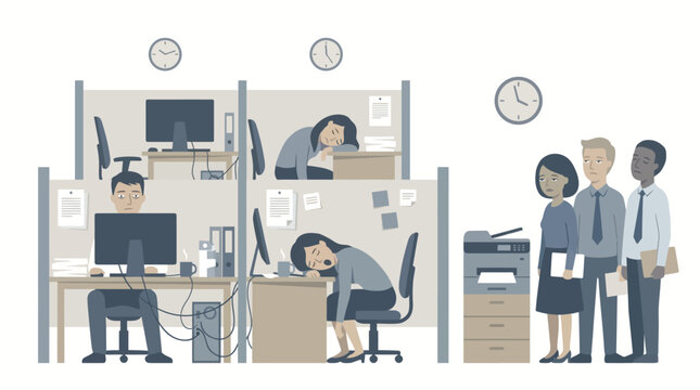 Tired Overworked Office Workers Experiencing Burnout and Stress in Open Plan Cubicle Office Setting