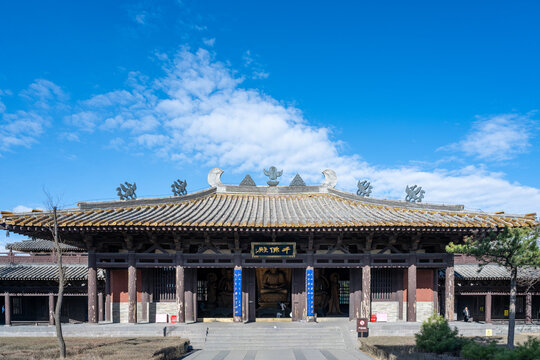 Historic Buddhist temple wooden structure at Huayan Monastery in Shanxi