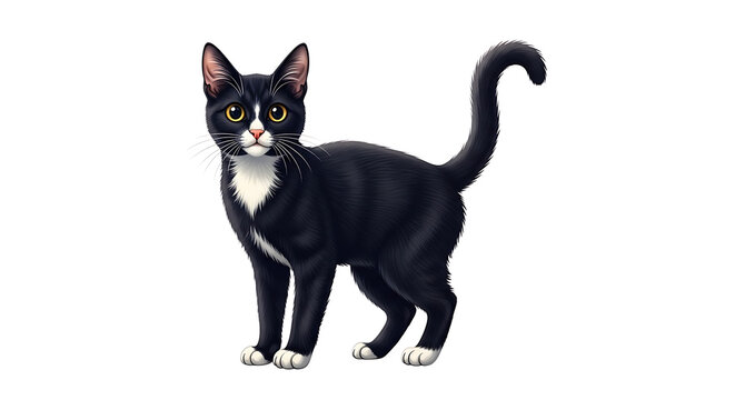 Black cat with green eyes and white chest patch sitting on hind legs