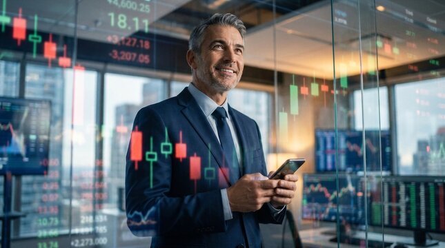 Happy stock investor or trader, financial adviser analyzing financial trading crypto market advertising digital mobile exchange app investing finances funds holding smartphone. Double exposure, banner