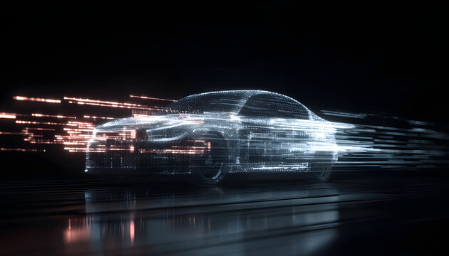 Animation of data processing over digital car on black background