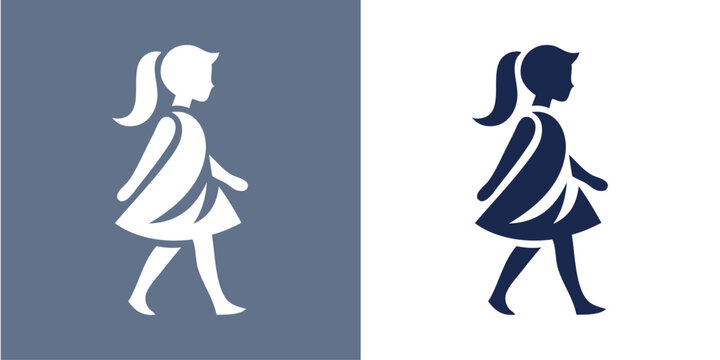 Logotipo de boutique de moda infantil. Dibujo minimalista con la silueta de una ni&ntilde;a andando de perfil con un vestido y el pelo recogido en una coleta