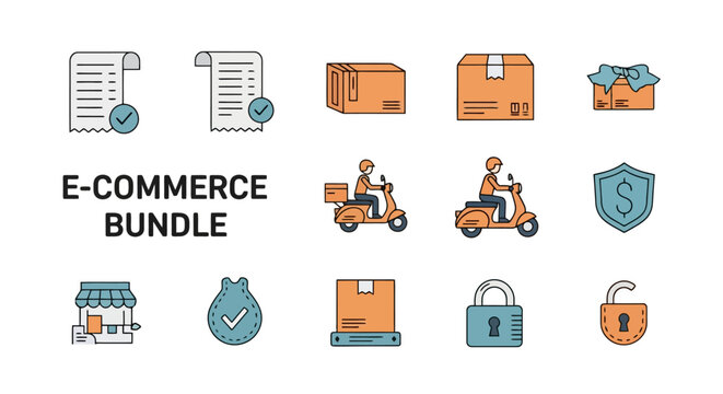 E-commerce Bundle Icons for Online Shopping and Delivery Services.