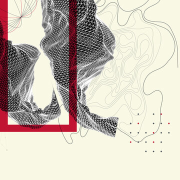 Abstract art composition with wireframe waves, geometric shapes, dots, and lines. Vector