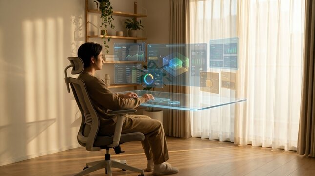 A man sitting in an ergonomic chair using a transparent desk with futuristic holographic data displays in a sunny room.
