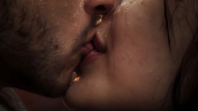 Intimate Kiss: A close-up shot captures the passionate embrace of a couple, their lips locked in a tender and intimate kiss, conveying deep affection and connection.