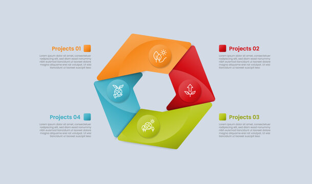 hexagon base shape infographic with glossy gradient style with piechart on hexagonal base with slice cut separated shape with four segment information