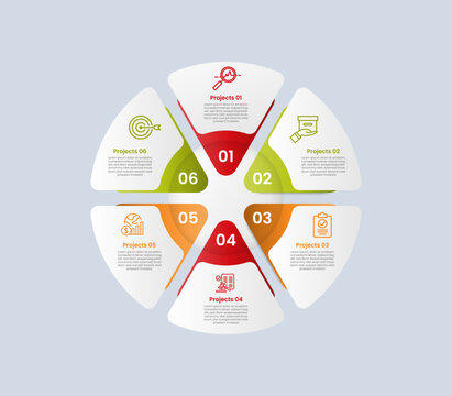 hexagon base shape infographic with glossy gradient style with simple pizza slice piechart on circular cycle with six segment information