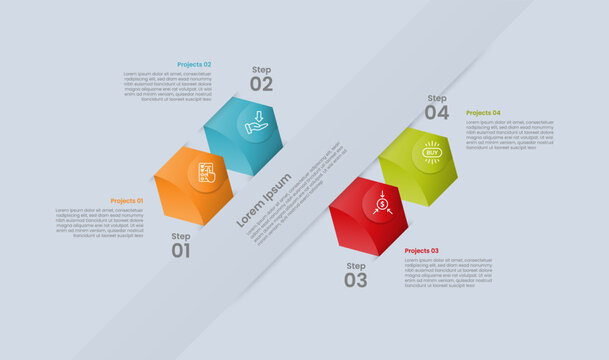 hexagon base shape infographic with glossy gradient style with skew tilt structure on big rectangle divider with circle inside with four segment information