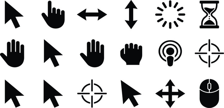 Cursor and Interaction Icon Collection Featuring Mouse Pointer Hand Click Loading and Navigation Symbols for Web Interfaces and Mobile Application Designs