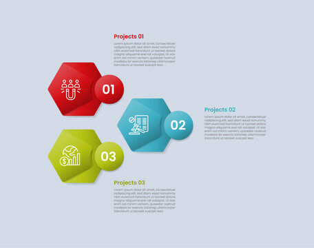 hexagon base shape infographic with glossy gradient style with stacked shape create arrow structure with circle badge on right direction with three segment information
