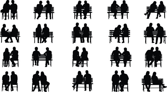 black silhouettes of couples sitting on benches and chairs