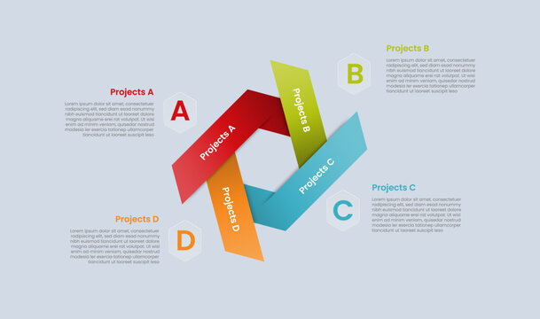 hexagon base shape infographic with glossy gradient style with sharp ribbon badge on circular cycle on unbalance quadrant structure with four segment information