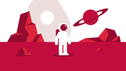 Flat vector illustration of astronaut standing on red planet landscape with rocks, sun and Saturn. Space exploration concept for sci fi poster, futuristic travel, and astronomy design. © Tamar