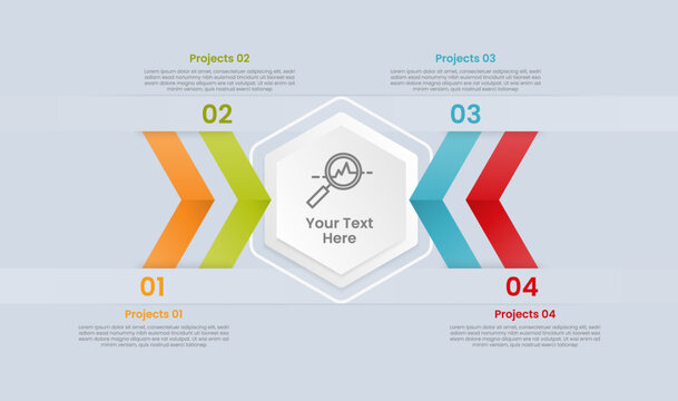 hexagon base shape infographic with glossy gradient style with arrow line ribbon centered direction on opposite position and upside down with four segment information