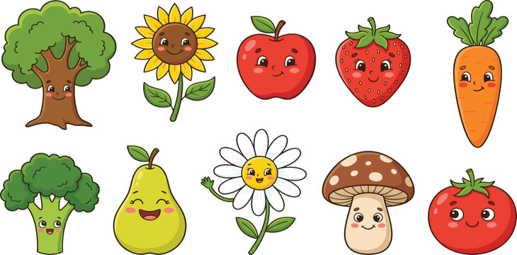 Cute Fruit Vegetable and Flower Character Collection Featuring Smiling Cartoon Nature Mascots for Kids Education, Stickers, Packaging, and Fun Branding Designs