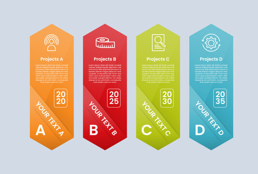 hexagon base shape infographic with glossy gradient style with tall vertical shape with tilt badge horizontal lined up with four segment information