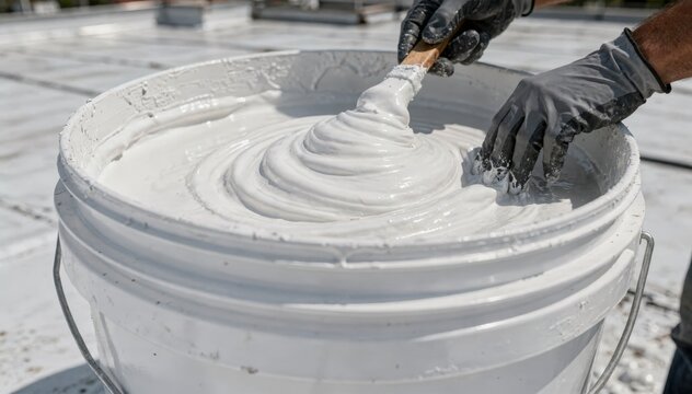 Medium shot of hands stirring white elastomeric roof coating in a bucket highlighting smooth texture and consistency for superior waterproofing and crack resistance.