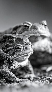 Close up black and white image of three toads stacked and facing forward