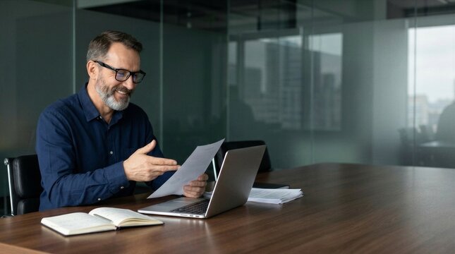 Smiling man executive manager or business owner of middle age reading paper working on computer. Happy busy old professional businessman entrepreneur using laptop holding corporate document in office.