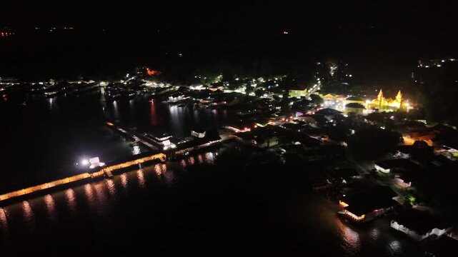 Night aerial view of Tanjung Balai Karimun City, Indonesia shot in 4K