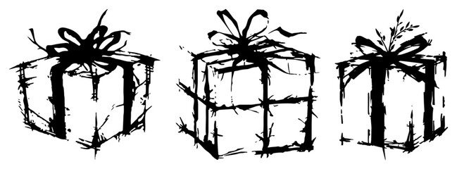 Gift boxes with ribbons and bows in hand drawn grunge sketch style © UrbanDruid