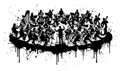 Symphony orchestra musicians with conductor performing on stage in black ink splash style © UrbanDruid