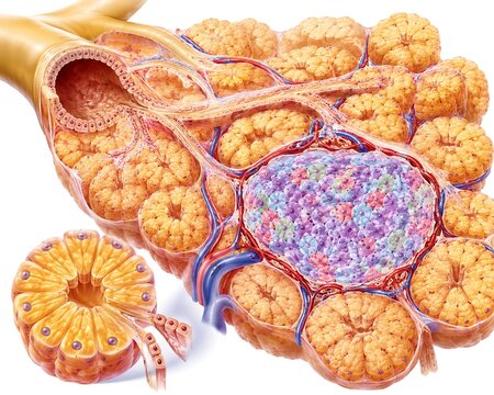 3D medical illustration of pancreatic islet of Langerhans showing alpha and beta cells surrounded by acinar cells and blood vessels
