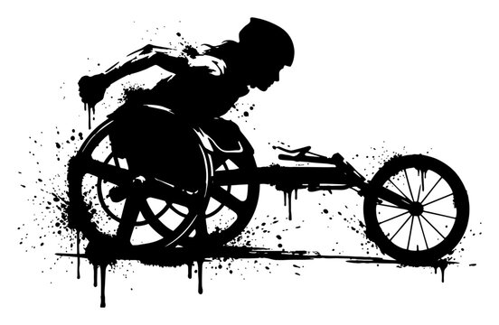 Paralympic racing athlete in wheelchair silhouette with dynamic ink splatters