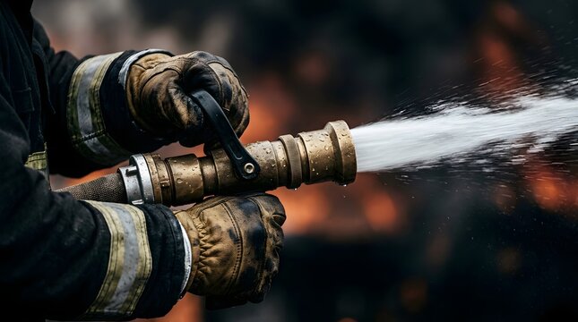 Firefighter grips a heavy brass hose nozzle firmly with textured leather gloves while spraying a high pressure stream of water.