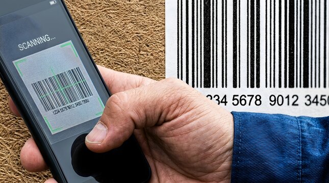 Warehouse worker scans a product barcode label using a handheld digital device for inventory control.