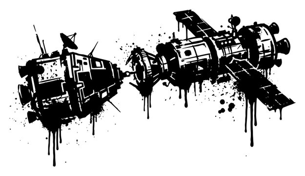 Spacecraft docking station in orbit designed in bold ink drip style