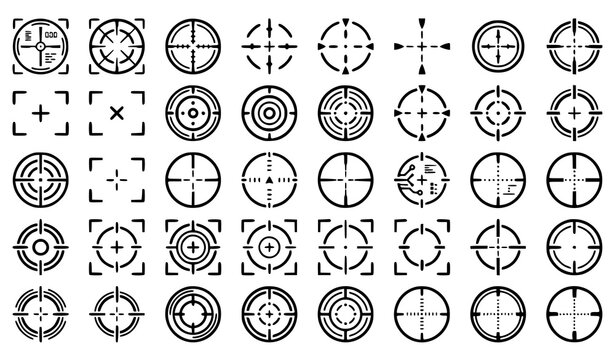 Modern crosshair and target scope vector icons collection with futuristic aiming reticle symbols