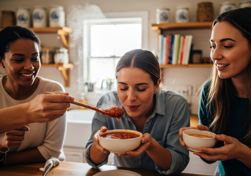 Three diverse friends sharing a bowl of steaming tomato soup in a cozy kitchen, one friend offering a spoonful, conveying warmth, friendship, and comfort food.