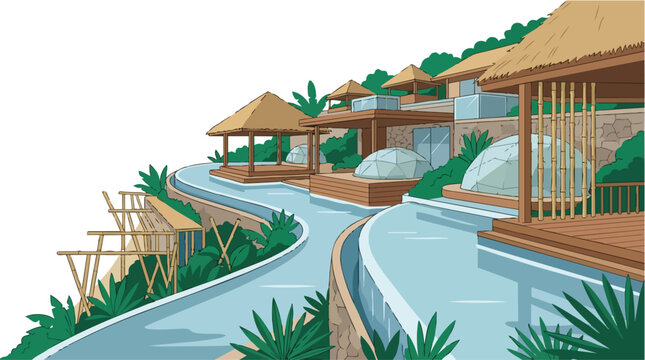 Luxurious resort pool area with cabanas and curved walkways.