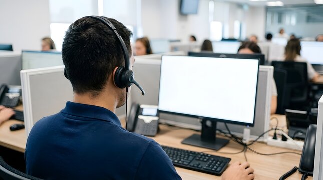 Customer service representative works at a desk while wearing a headset in a bright office environment.