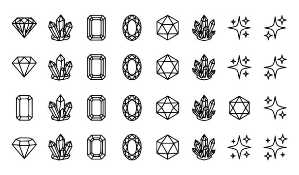 Diamond gemstone and crystal thin line vector icon collection for apps web and infographic design