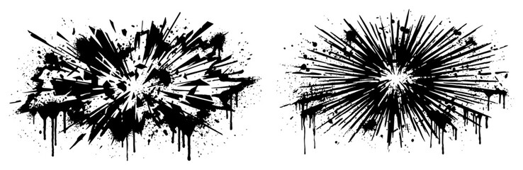 Exploding burst effect icons with radial lines in black ink splatter style © UrbanDruid