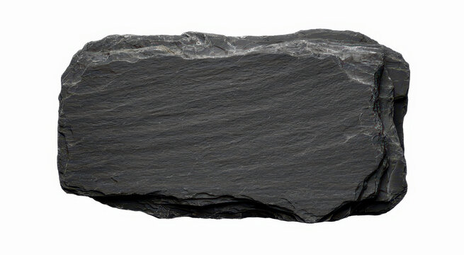Rectangular dark grey slate stone plate with rough edges, isolated on a white background, view