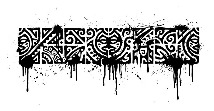 Tribal polynesian pattern banner with maori tattoo ornaments in black ink splatter style