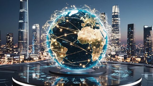Digital earth globe with network connections and modern city skyline backdrop