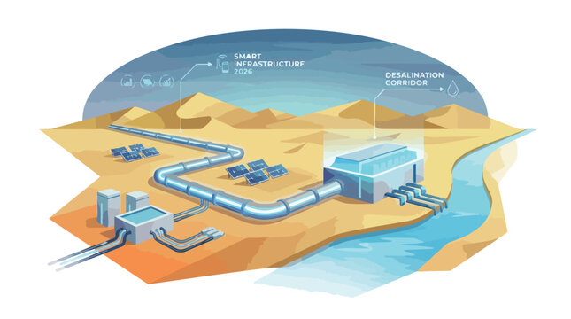Isometric Desert City with Canal Network and Pyramids.