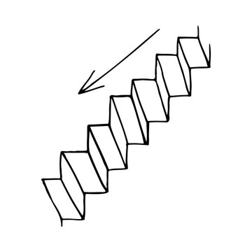 Minimalist black ink line art illustration of stairs with an arrow pointing down. Simple hand-drawn staircase sketch symbolizing career descent, economic decrease, business drop, or way down